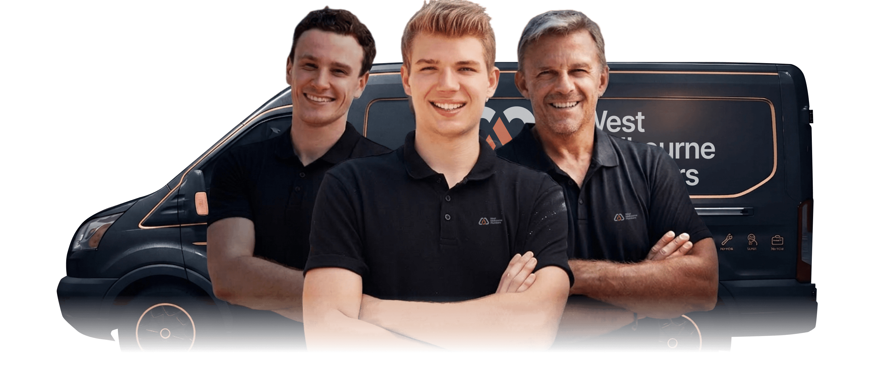 West Melbourne Plumbers team in front of a branded service van